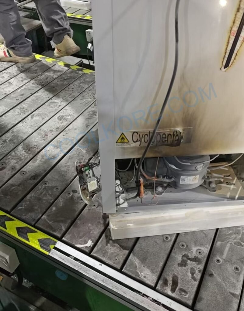 wrong voltage and frequency makes the refrigerator on fire